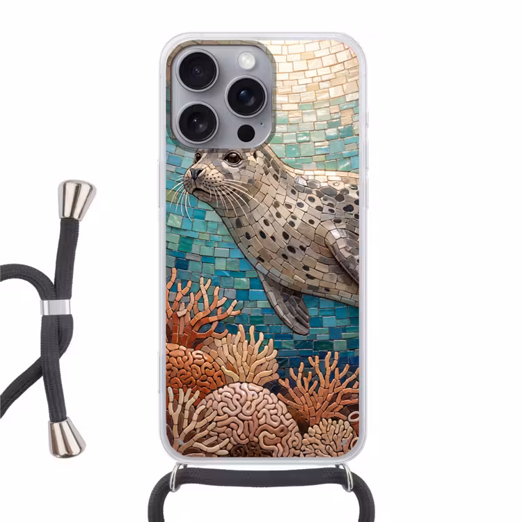 Zeehond - Mozaïek - Onderwater - Dieren - Blauw Hoesje iPhone 16 Pro Max met koord klein -3d