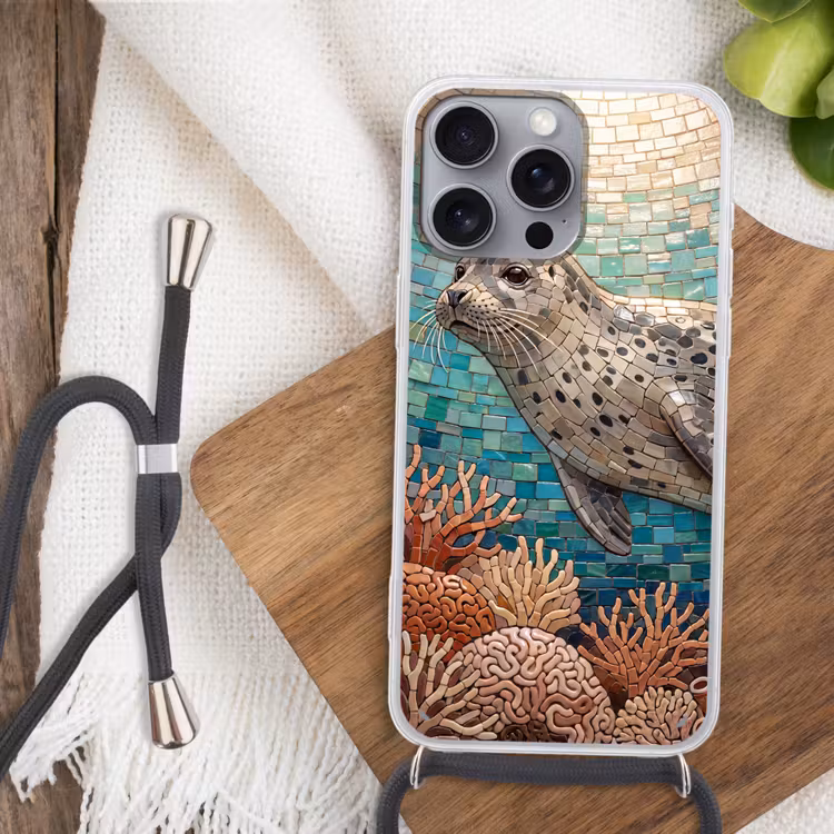 Zeehond - Mozaïek - Onderwater - Dieren - Blauw Hoesje iPhone 16 Pro Max met koord klein -sfeer4