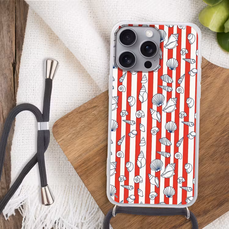 Schelp - Zeedieren - Zomer - Illustratie - Rood - Blauw Hoesje iPhone 16 Pro Max met koord klein -sfeer4