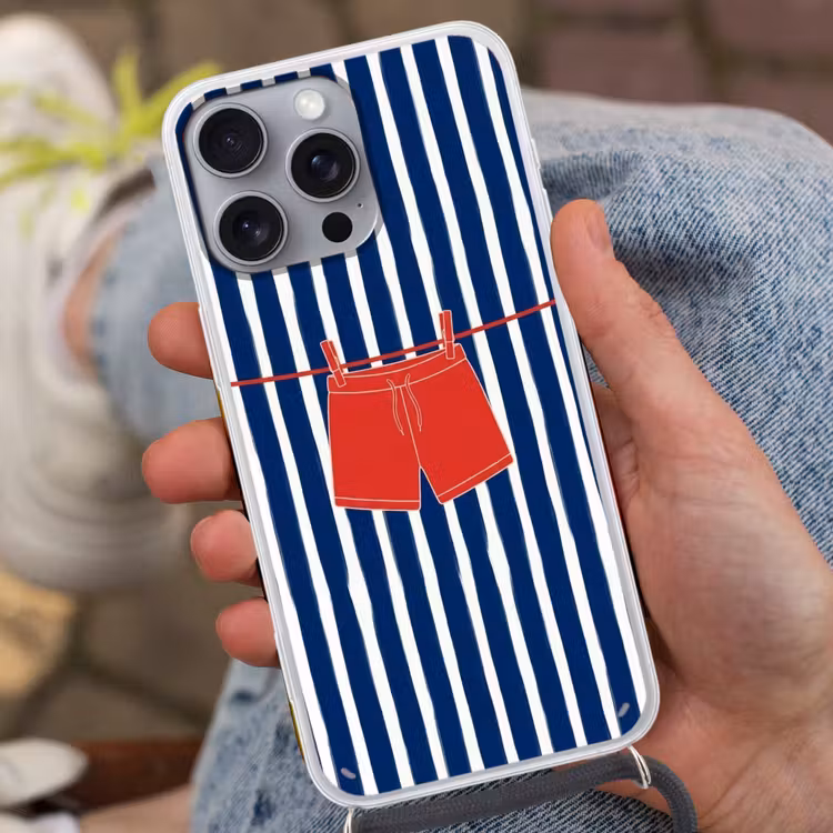 Shorts - Waslijn - Zomer - Illustratie - Rood Hoesje iPhone 16 Pro Max met koord klein -sfeer3