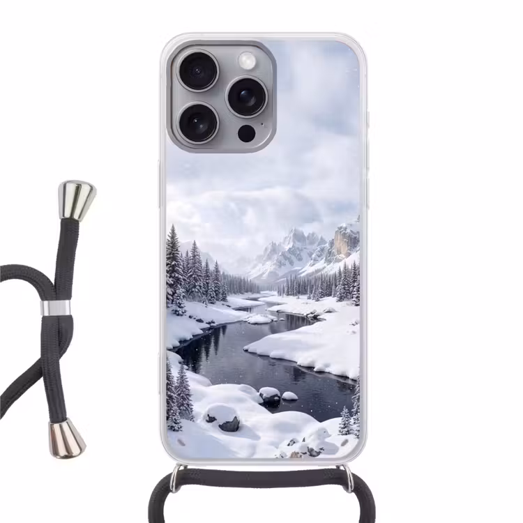 Sneeuwlandschap - Bergen - Rivier - Winter Hoesje iPhone 16 Pro Max met koord klein -3d