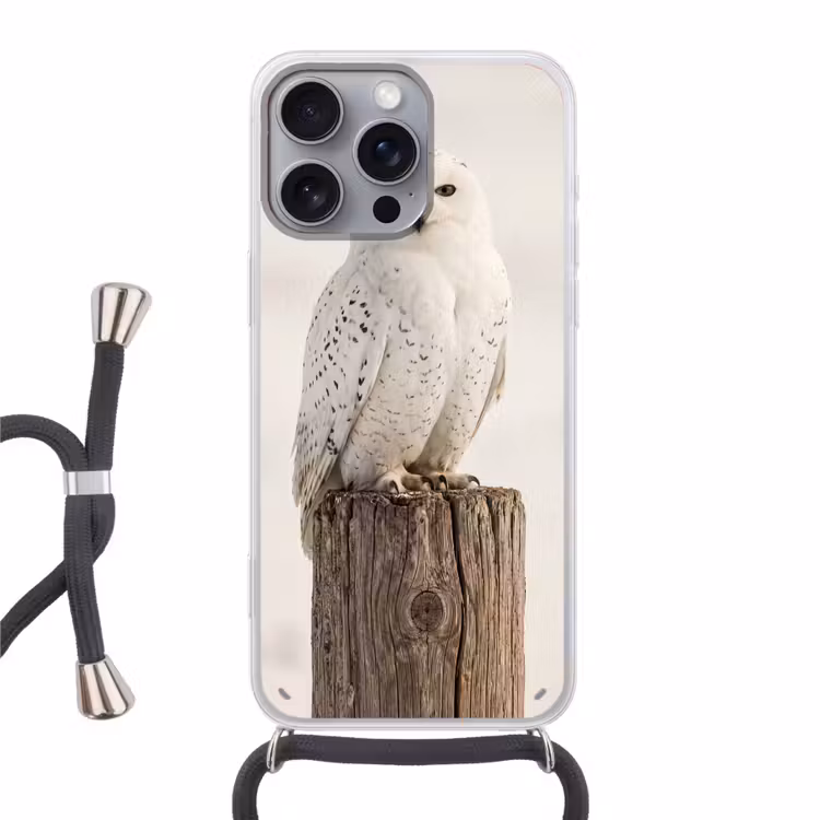 Sneeuwuil - Paal - Winter - Portret - Majestueus Hoesje iPhone 16 Pro Max met koord klein -3d