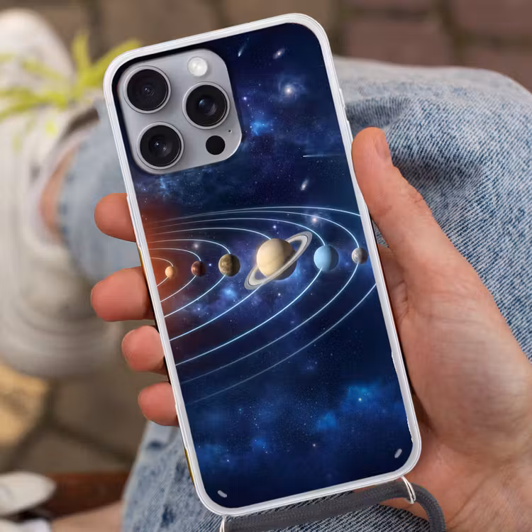 Ruimte - Zonnestelsel - Blauw Hoesje iPhone 16 Pro Max met koord klein -sfeer3