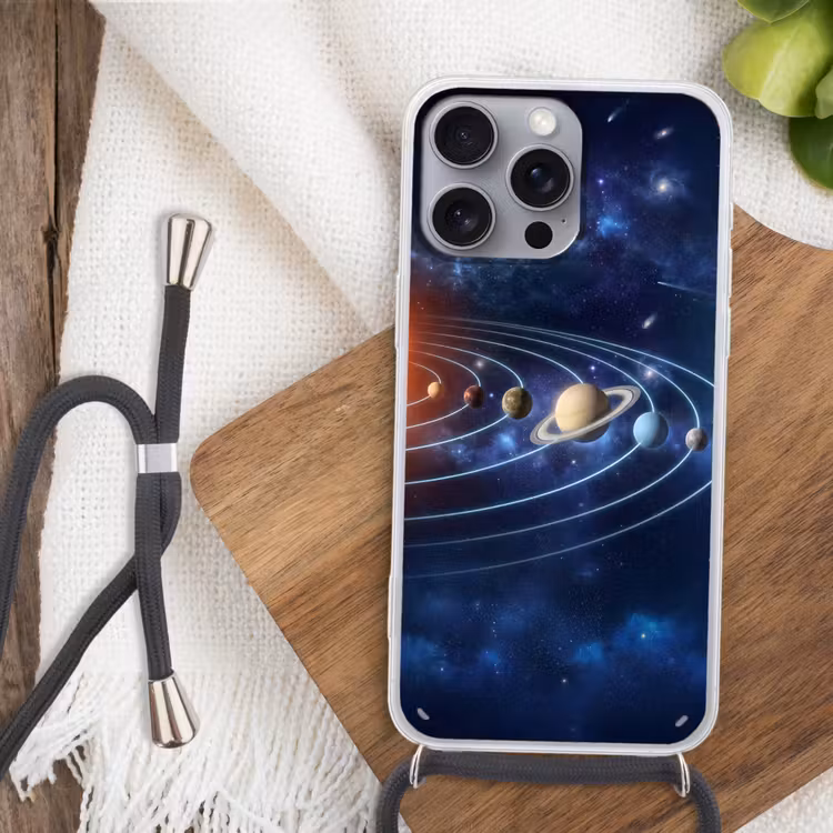 Ruimte - Zonnestelsel - Blauw Hoesje iPhone 16 Pro Max met koord klein -sfeer4