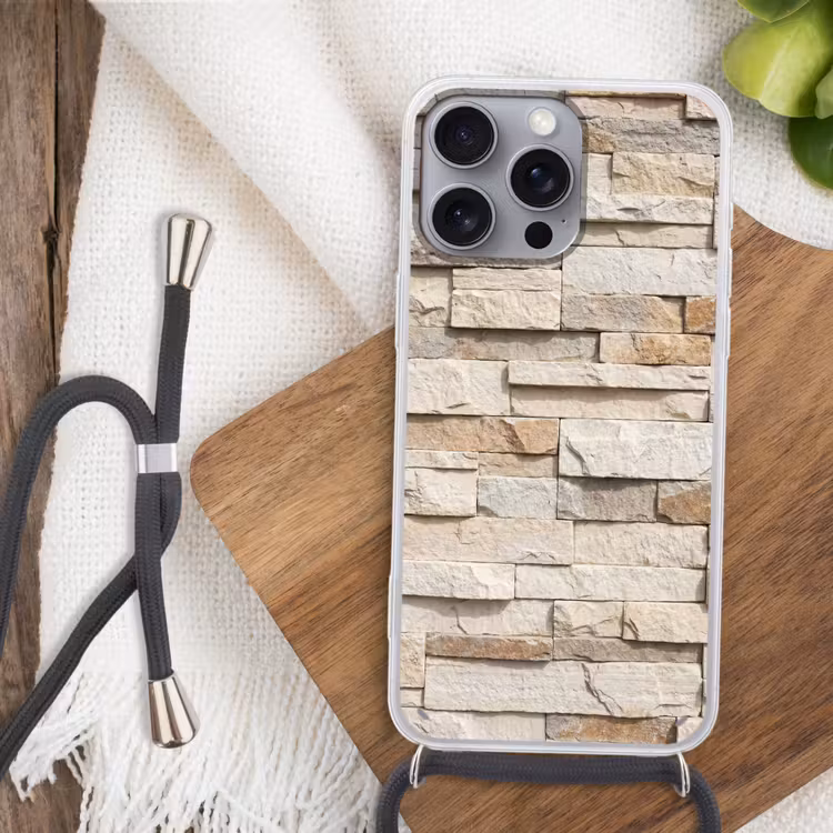 Steen - Muur - Textuur - Rustiek - Beige Hoesje iPhone 16 Pro Max met koord klein -sfeer4