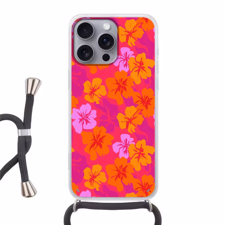 Zomers - Hibiscus - Kleurrijk Hoesje iPhone 16 Pro Max met koord klein 804 -3d