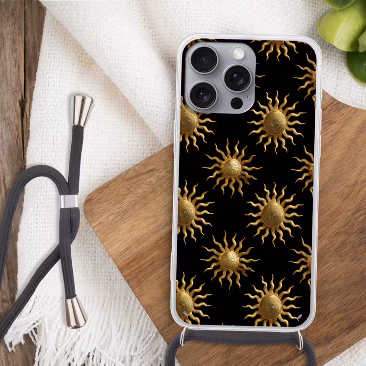 Zon - Patroon - Luxe - Goud - Zwart Hoesje iPhone 16 Pro Max met koord klein 804 -sfeer4