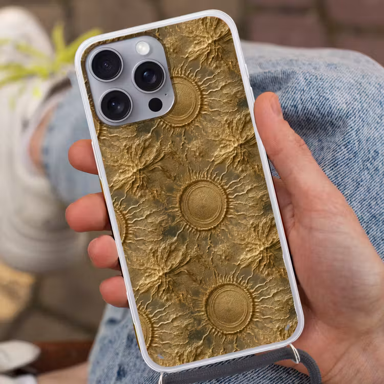 Zon - Reliëf - Antiek - Goud Hoesje iPhone 16 Pro Max met koord klein 804 -sfeer3