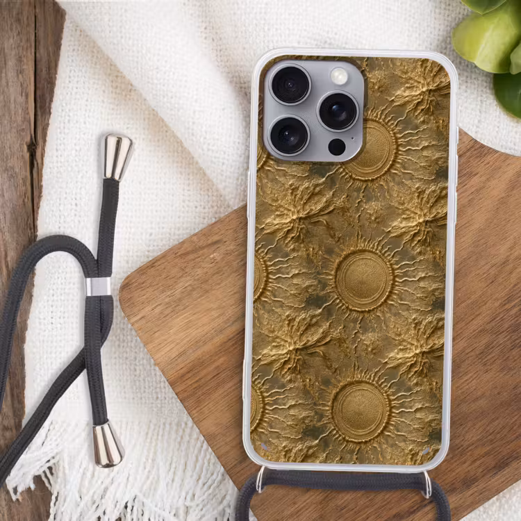 Zon - Reliëf - Antiek - Goud Hoesje iPhone 16 Pro Max met koord klein 804 -sfeer4