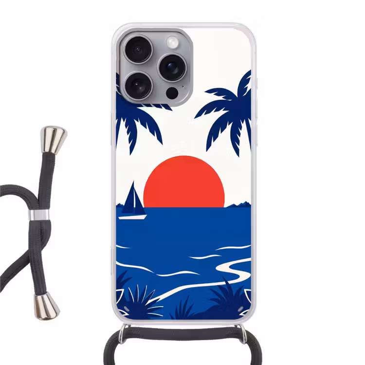 Zonsondergang - Zee - Palmboom - Tropisch - Modern Hoesje iPhone 16 Pro Max met koord klein -3d