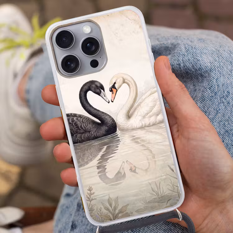 Zwanen - Hartvorm - Dieren Hoesje iPhone 16 Pro Max met koord klein -sfeer3