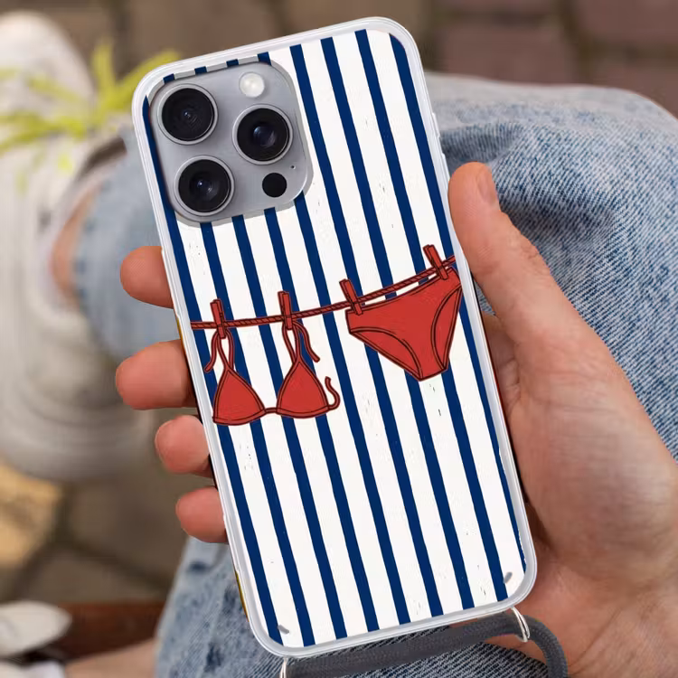 Badkleding - Waslijn - Zomer - Illustratie - Rood Hoesje iPhone 16 Pro Max met koord klein -sfeer3