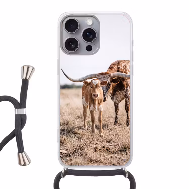 Texas Longhorn - Kalf - Weide - Dieren Hoesje iPhone 16 Pro Max met koord klein -3d
