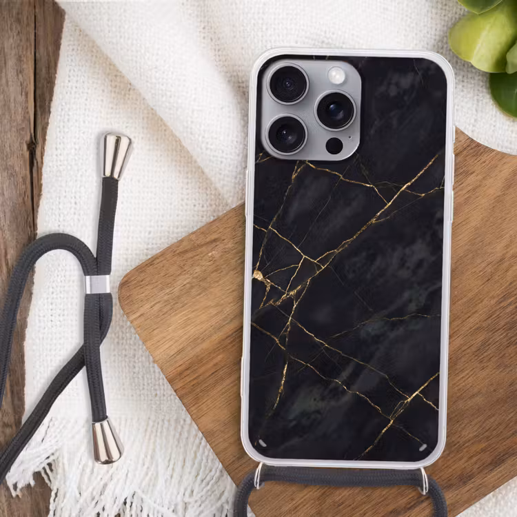 Textuur - Gouden lijnen - Abstract - Modern - Zwart Hoesje iPhone 16 Pro Max met koord klein -sfeer4