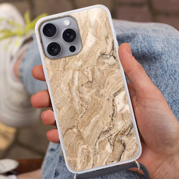 Textuur - Aders - Abstract - Modern - Beige Hoesje iPhone 16 Pro Max met koord klein -sfeer3