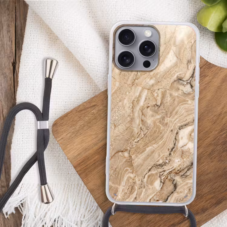 Textuur - Aders - Abstract - Modern - Beige Hoesje iPhone 16 Pro Max met koord klein -sfeer4