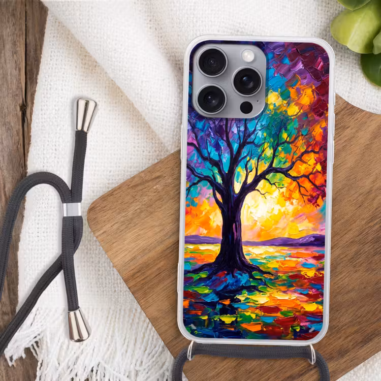 Boom - Landschap - Natuur - Abstract - Kleurrijk Hoesje iPhone 16 Pro Max met koord klein -sfeer4