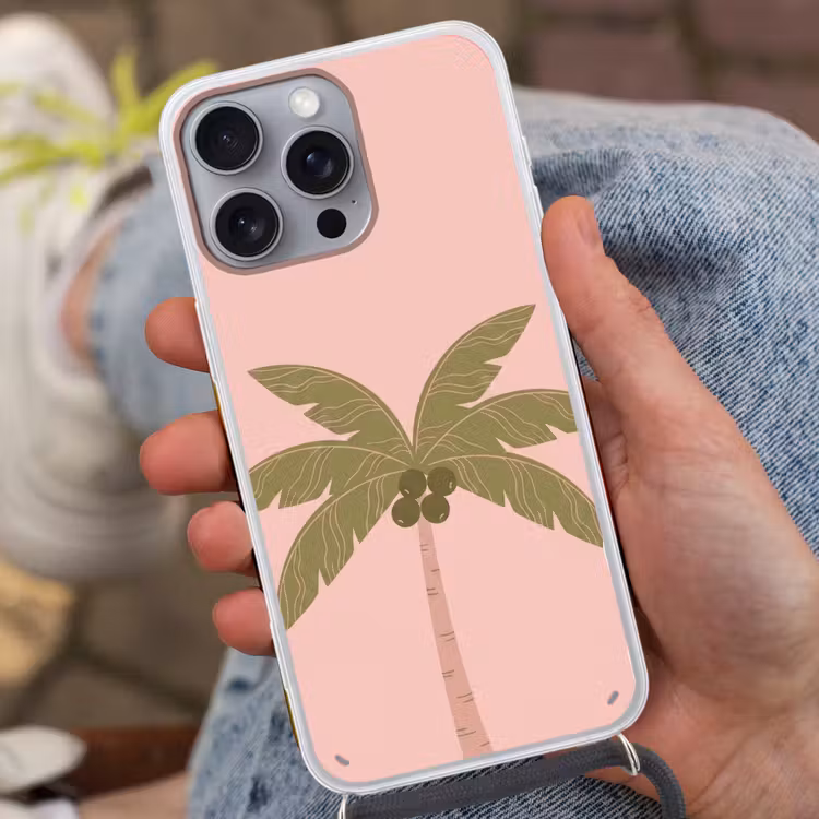 Boom - Palm - Natuur - Illustratie - Roze Hoesje iPhone 16 Pro Max met koord klein -sfeer3