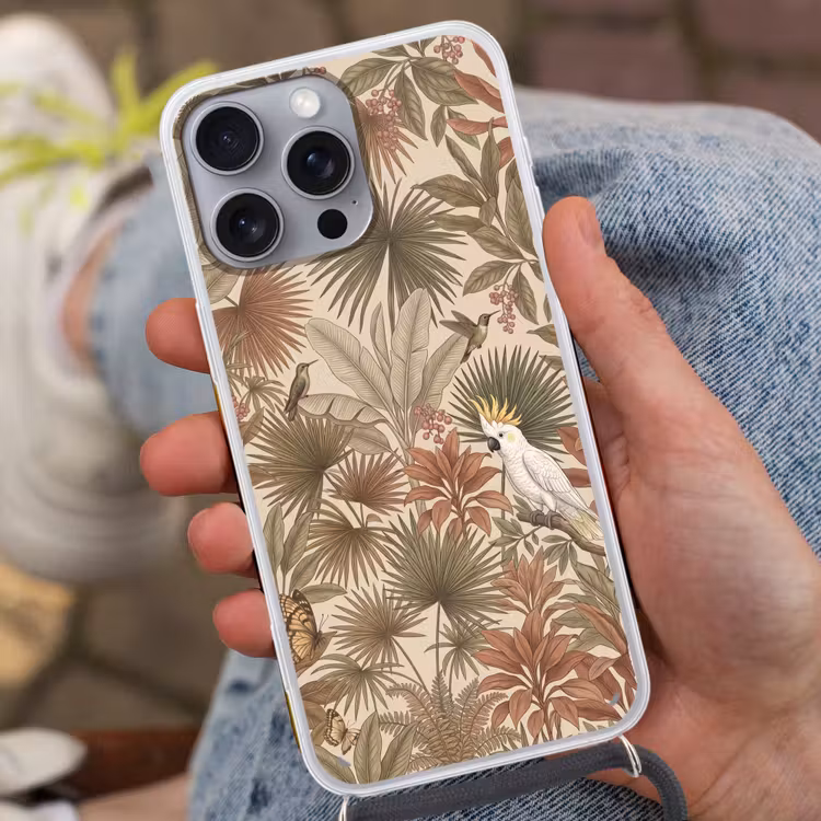 Tropisch - Vogels - Beige Hoesje iPhone 16 Pro Max met koord klein -sfeer3