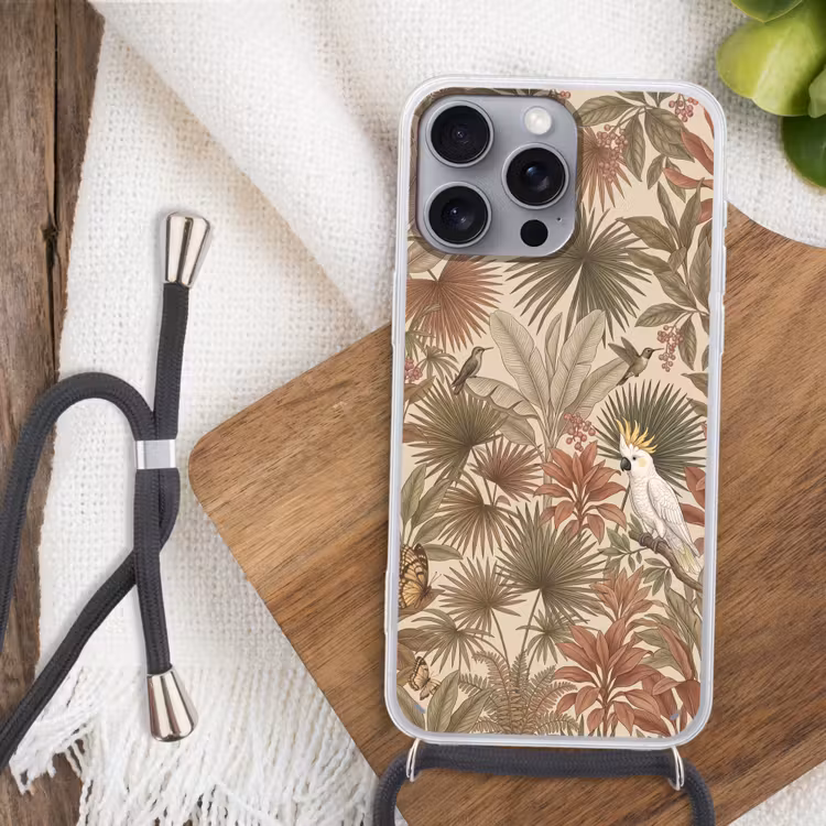 Tropisch - Vogels - Beige Hoesje iPhone 16 Pro Max met koord klein -sfeer4