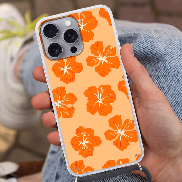 Tropisch - Hibiscus - Oranje Hoesje iPhone 16 Pro Max met koord klein 804 -sfeer3