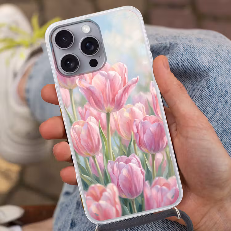 Tulpen - Veld - Lente - Roze Hoesje iPhone 16 Pro Max met koord klein -sfeer3