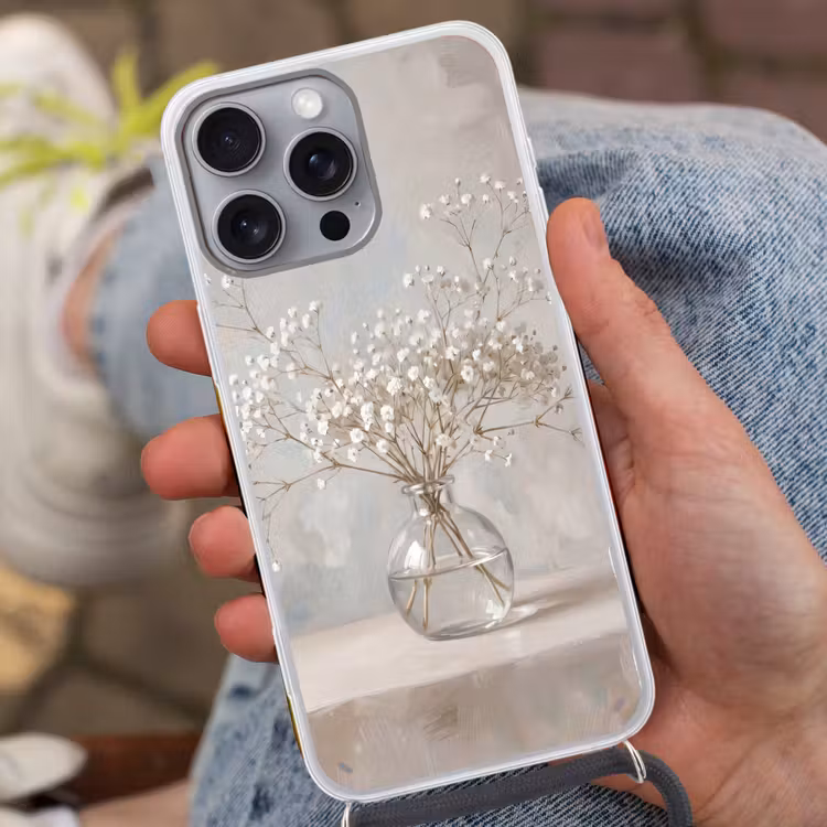 Vaas - Gipskruid - Wit Hoesje iPhone 16 Pro Max met koord klein -sfeer3