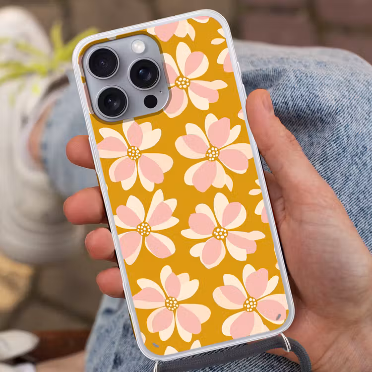 Vintage - Bloemen - Okergeel Hoesje iPhone 16 Pro Max met koord klein 804 -sfeer3