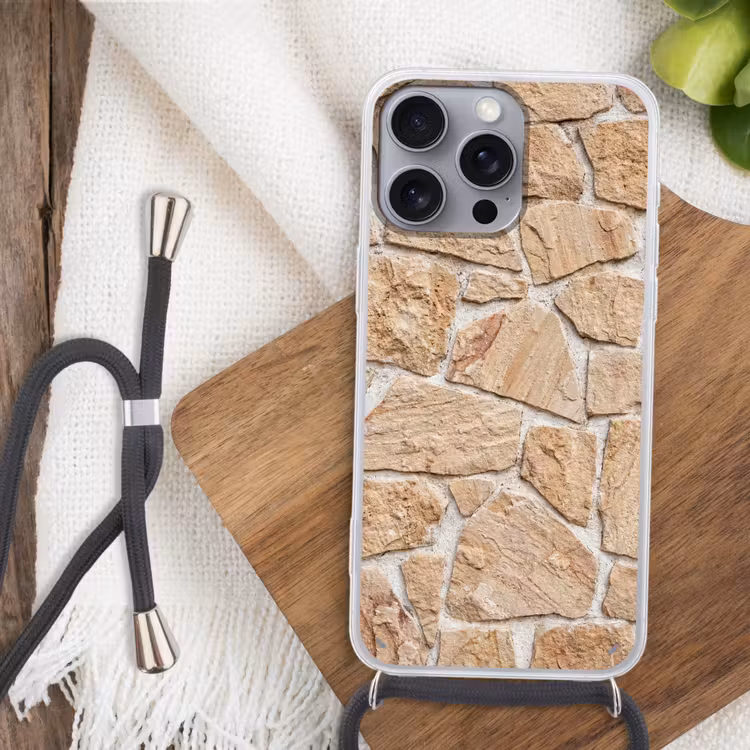 Muur - Steen - Patroon - Rustiek - Beige Hoesje iPhone 16 Pro Max met koord klein -sfeer4