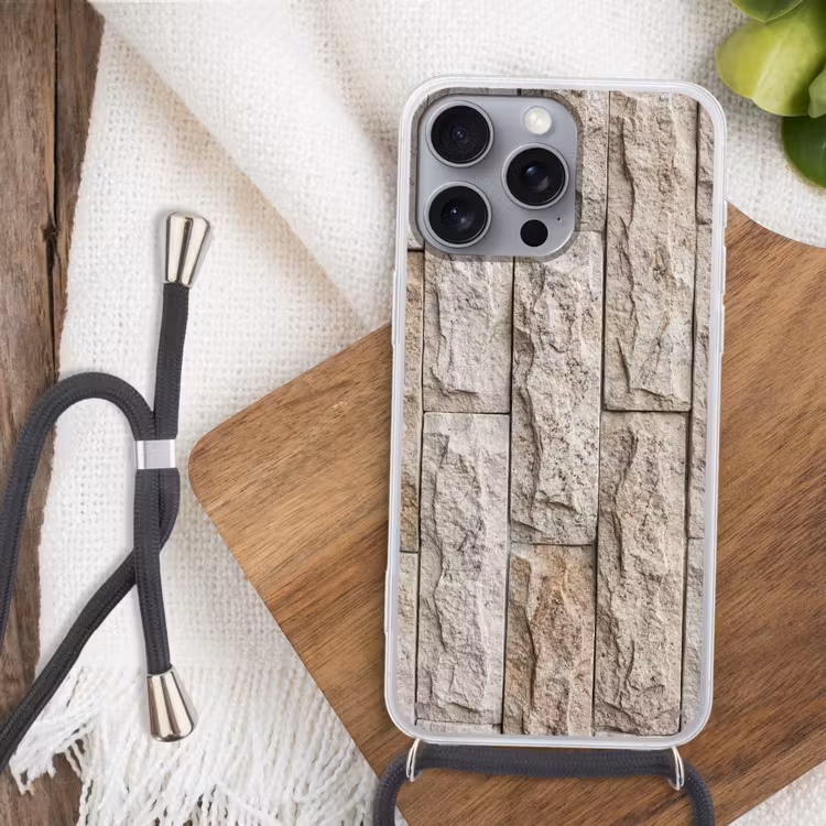 Muur - Steen - Ruw - Beige - Textuur Hoesje iPhone 16 Pro Max met koord klein -sfeer4