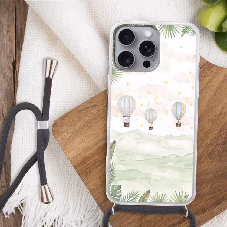 Aquarel - Luchtballonnen - Pastel Hoesje iPhone 16 Pro Max met koord klein -sfeer4