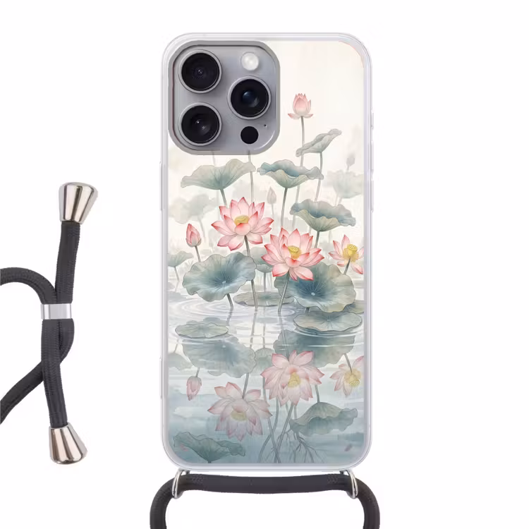 Aquarel - Lotusbloemen - Kleurrijk Hoesje iPhone 16 Pro Max met koord klein -3d