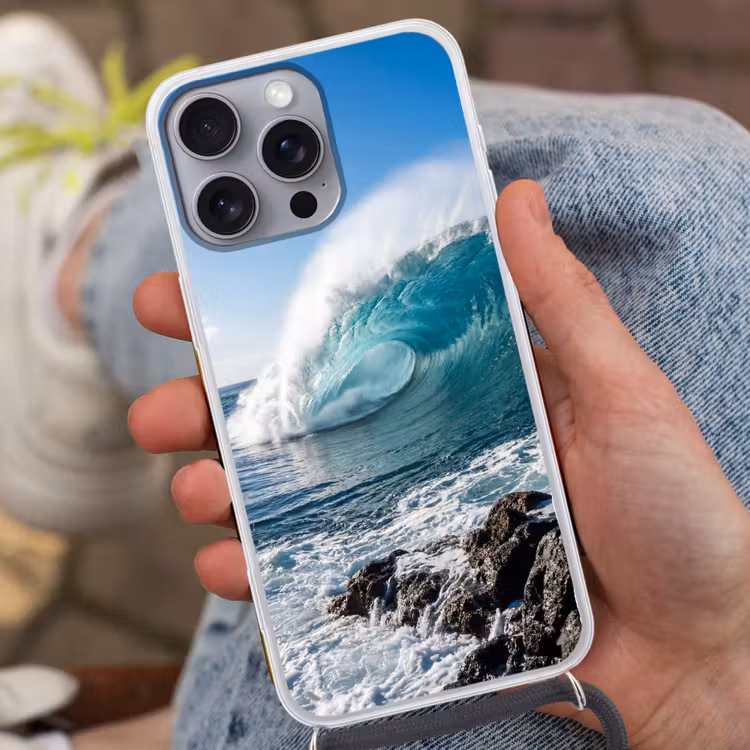Golf - Oceaan - Brekend - Water - Blauw Hoesje iPhone 16 Pro Max met koord klein -sfeer3