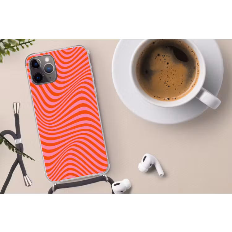 Golvend patroon - Rood - Roze - Lijnen Hoesje iPhone 12 Pro met koord klein -oordop