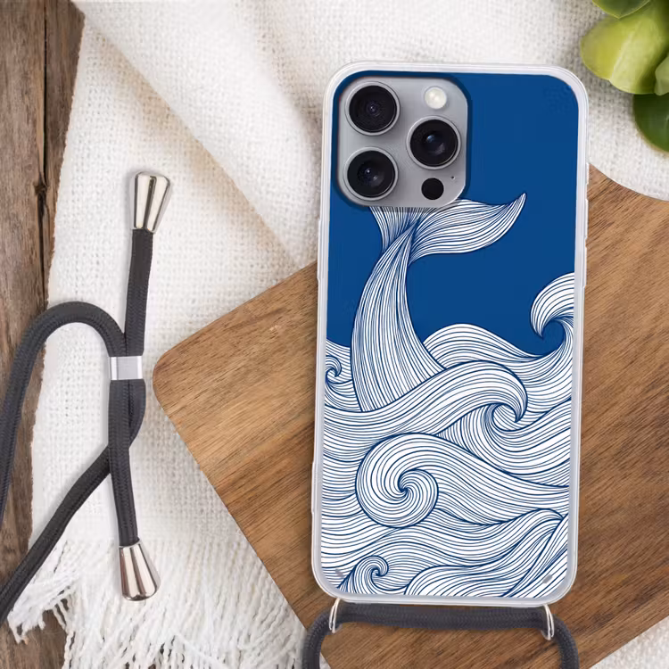 Walvis - Staart - Golven - Lijntekening - Blauw Hoesje iPhone 16 Pro Max met koord klein -sfeer4