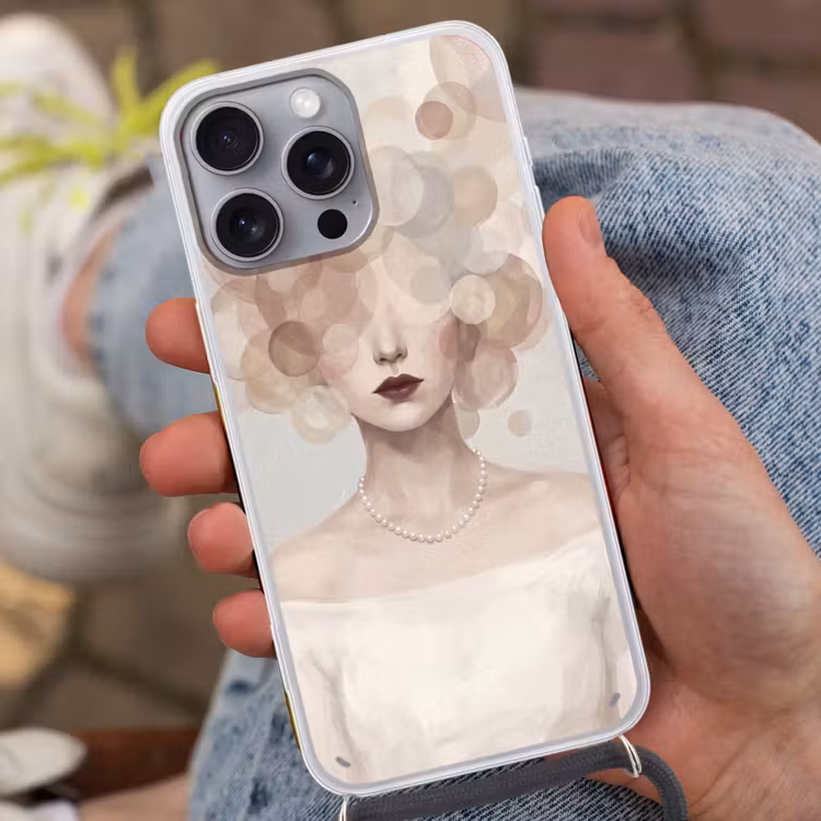 Vrouw - Cirkels - Beige Hoesje iPhone 16 Pro Max met koord klein -sfeer3