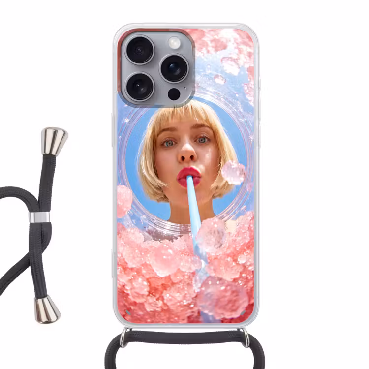Vrouw - Drank - Zomer - Roze - Blauw Hoesje iPhone 16 Pro Max met koord klein -3d