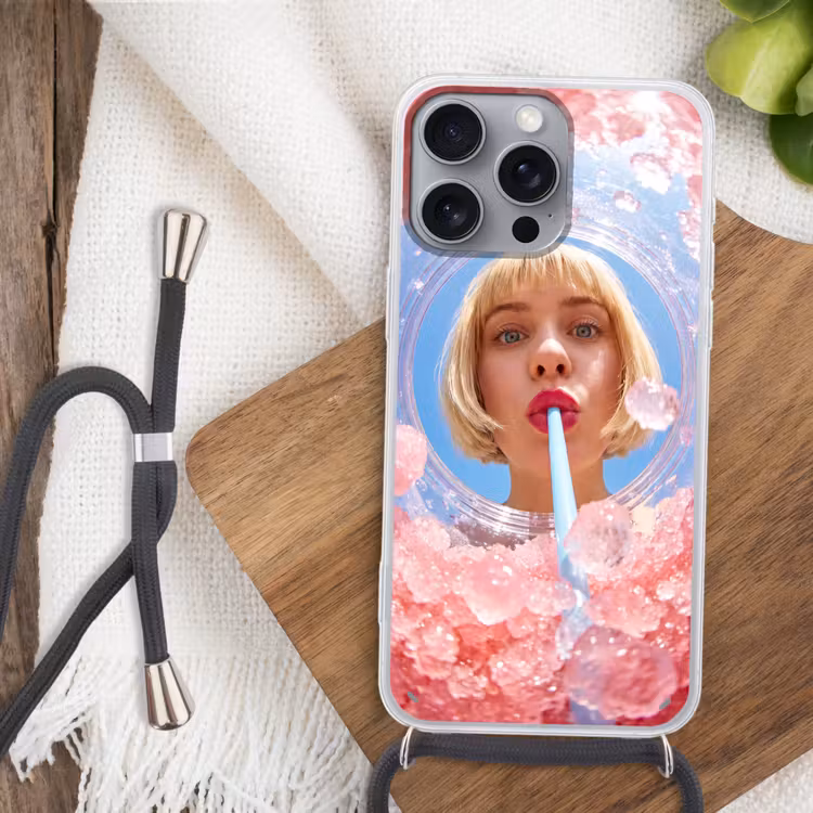 Vrouw - Drank - Zomer - Roze - Blauw Hoesje iPhone 16 Pro Max met koord klein -sfeer4