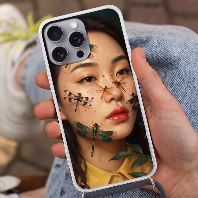 Vrouw - Insecten - Natuur - Portret - Groen Hoesje iPhone 16 Pro Max met koord klein -sfeer3
