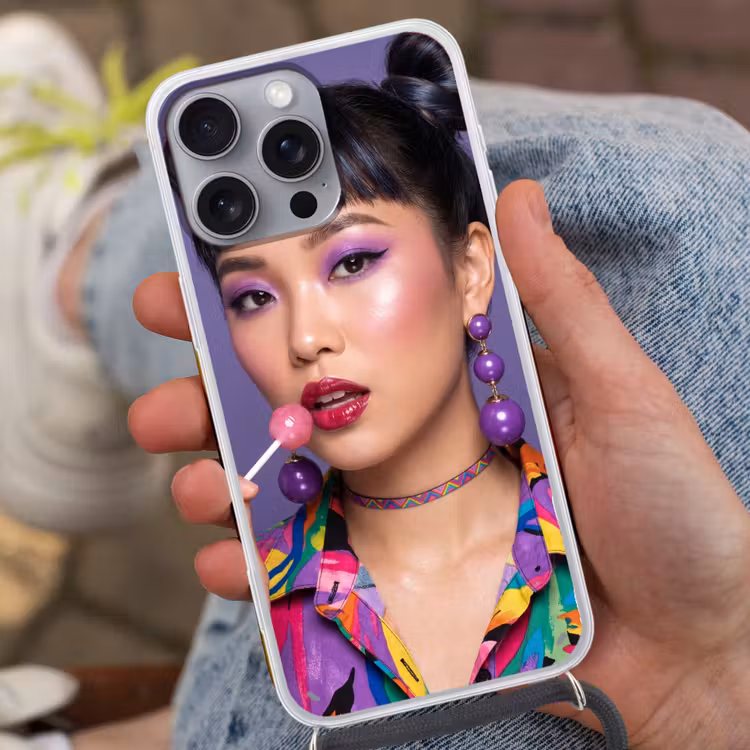 Vrouw - Portret - Make-up - Paars - Levendig Hoesje iPhone 16 Pro Max met koord klein -sfeer3