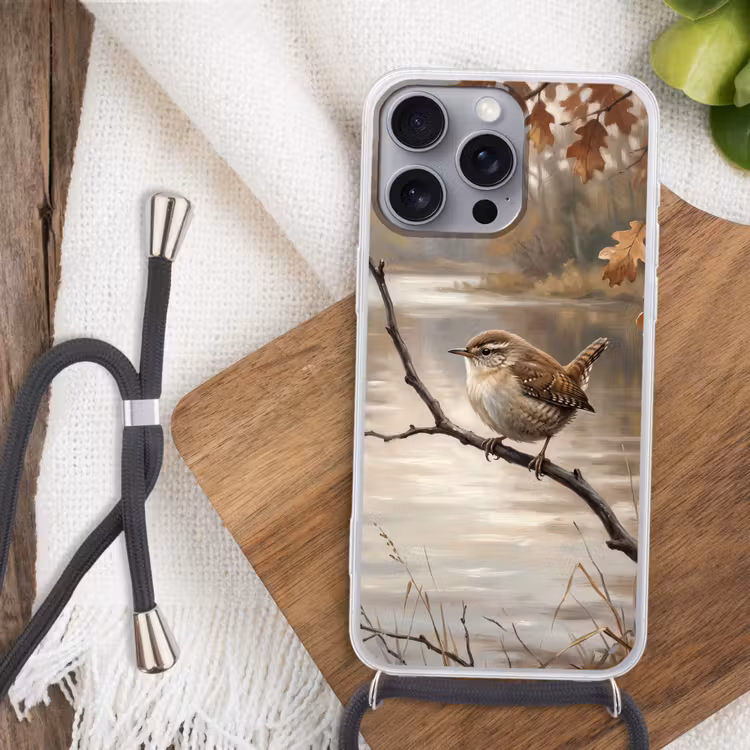 Winterkoninkje - Tak - Rivier - Natuur - Sfeervol Hoesje iPhone 16 Pro Max met koord klein -sfeer4