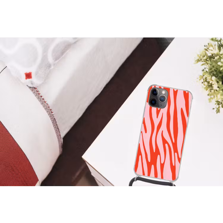 Zebraprint - Roze - Rood - Dierenprint Hoesje iPhone 12 Pro met koord klein -kamer
