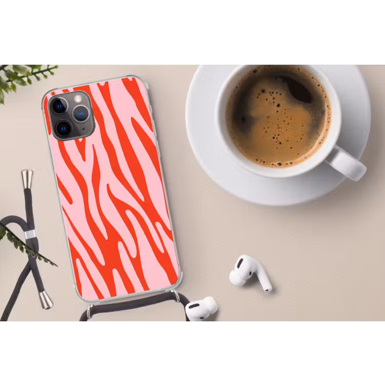Zebraprint - Roze - Rood - Dierenprint Hoesje iPhone 12 Pro met koord klein -oordop