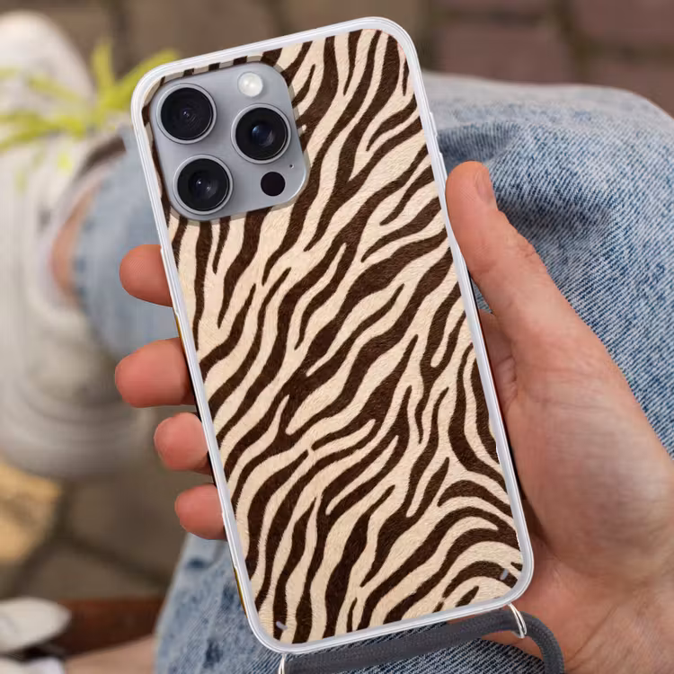 Zebra - Strepen - Bruin Hoesje iPhone 16 Pro Max met koord klein -sfeer3