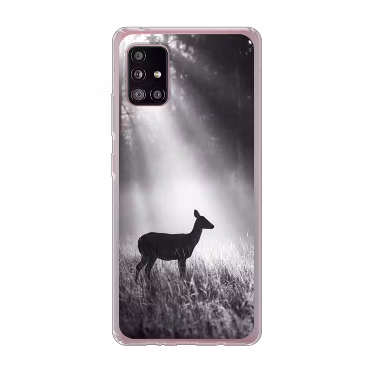Hert - Bos - Zonnestralen - Zwart-wit - Natuur Telefoonhoesje Samsung Galaxy A51 5G klein -3d