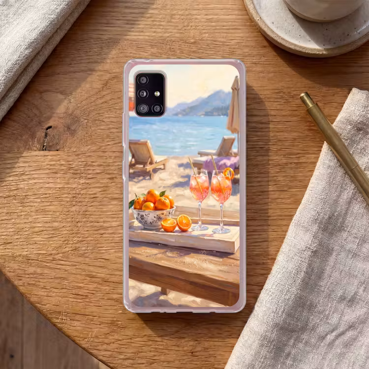 Drank - Glazen - Strand - Zomer - Oranje Telefoonhoesje Samsung Galaxy A51 5G klein -sfeer1