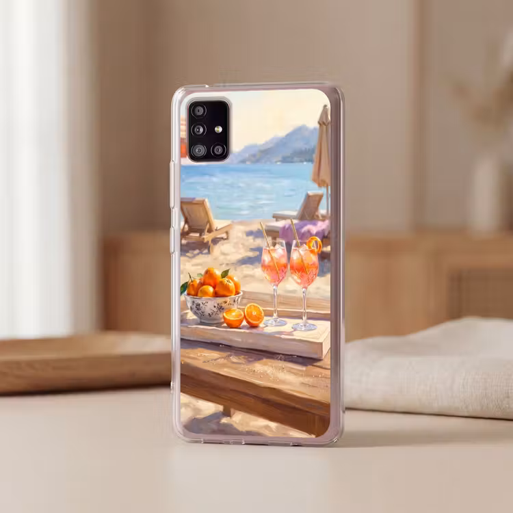 Drank - Glazen - Strand - Zomer - Oranje Telefoonhoesje Samsung Galaxy A51 5G klein -sfeer2