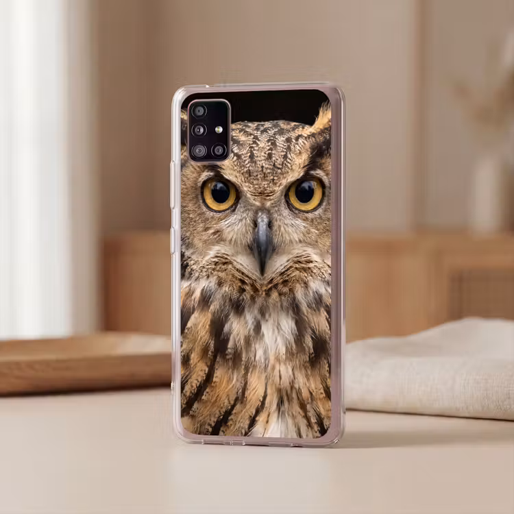 Oehoe - Uil - Portret - Bruin Telefoonhoesje Samsung Galaxy A51 5G klein -sfeer2