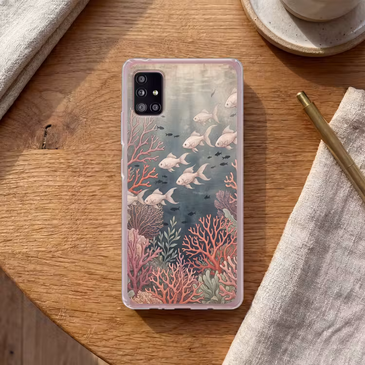 Vis - Koraal - Onderwater - Illustratie - Vintage Telefoonhoesje Samsung Galaxy A51 5G klein -sfeer1