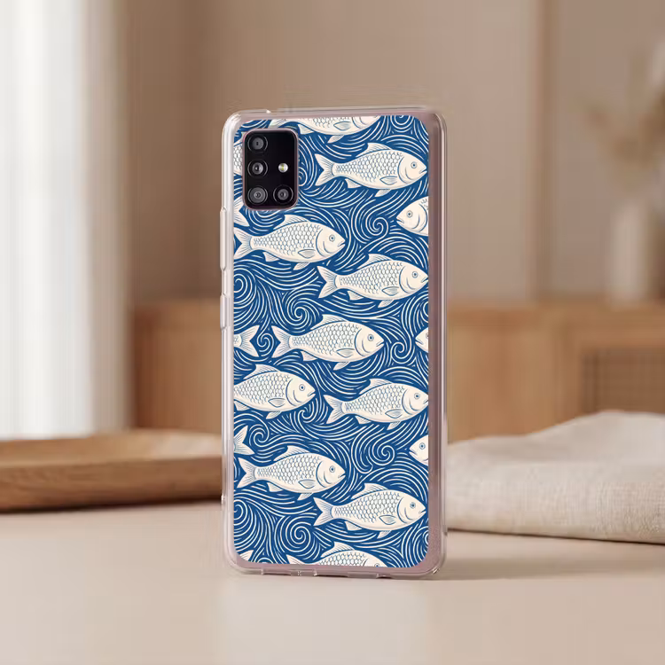 Vis - Water - Patroon - Grafisch - Blauw Telefoonhoesje Samsung Galaxy A51 5G klein -sfeer2